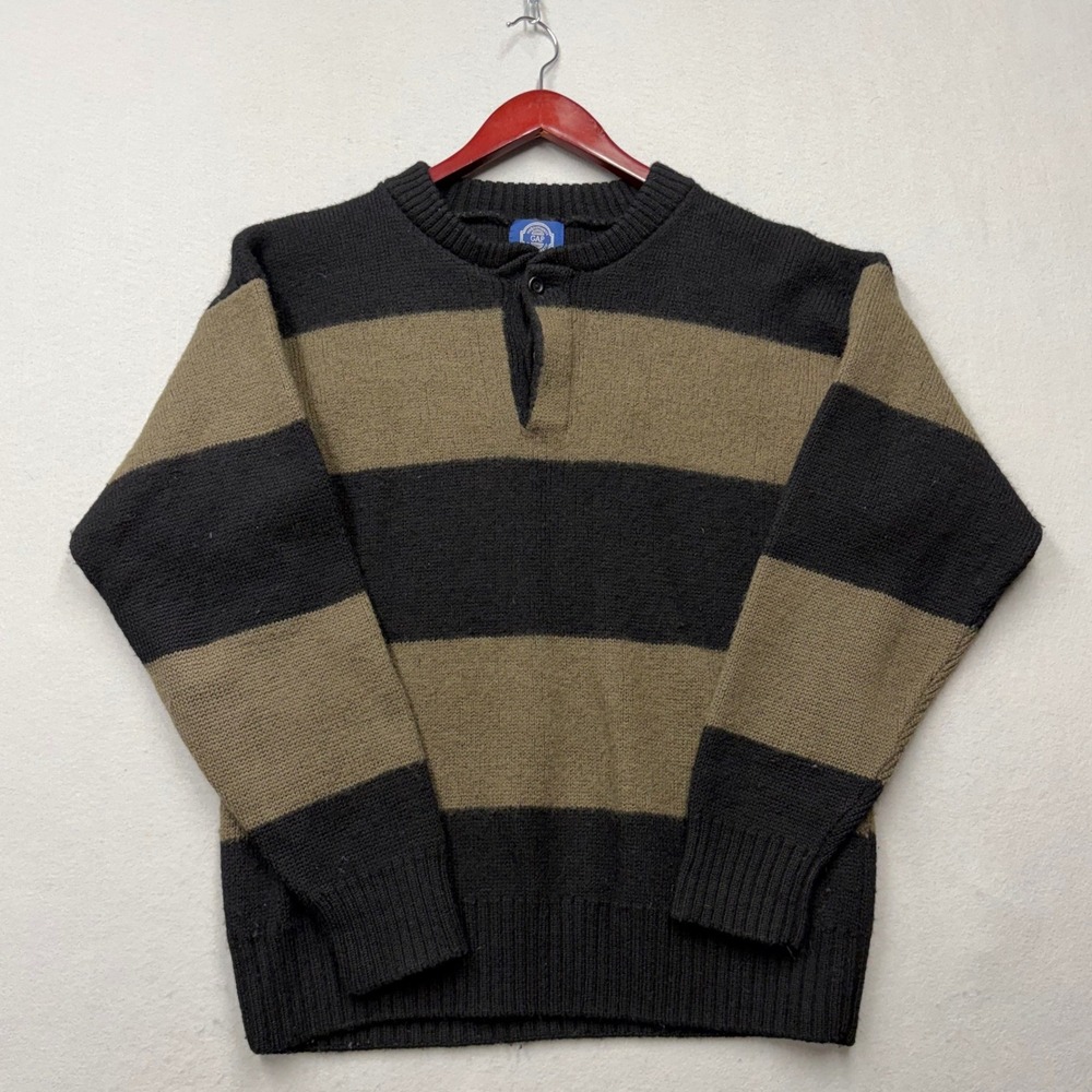 Gap Sweater Mens M Black Brown Striped 100% Wool Henley Vintage 80s Heavy Knit